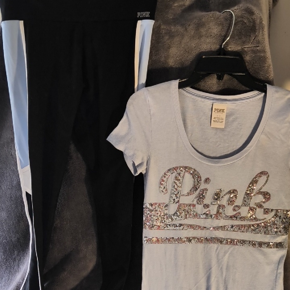 Pink Sequin Logo T-Shirt and Black Leggings Set